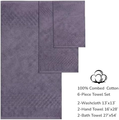 Feather & Stitch 100% Cotton 625 GSM Bath Towel Set of 6, Ultra Soft Highly Absorbent 2 Bath Towels, 2 Hand Towels & 2 Washcloth - Luxury Quick Dry Shower Towels (Grape)