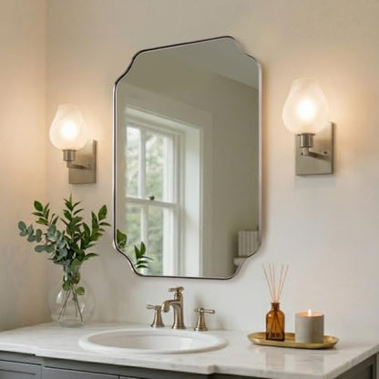 MIRRORART 22X30'' Brushed Nickel Scalloped Mirrors for Bathroom, Modern Notched Corner Bathroom Rectangle Vanity Mirror in 1’’ Antirust Stainless Steel Metal Frame Wall Mounted for Over Sinks