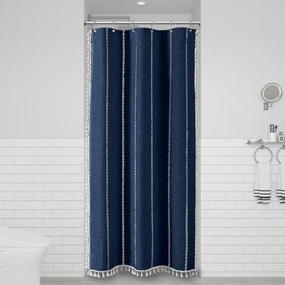 BTTN Small Boho Linen Heavy Duty Cloth Shower Curtain, 36x72, Navy Blue