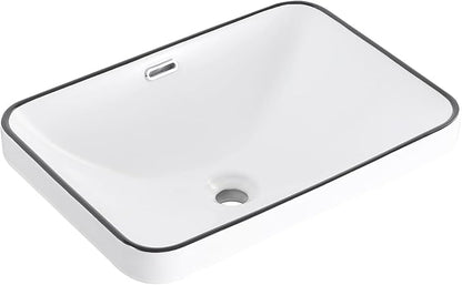 Bathroom Vessel Sink 20.6'' x 14.7'' Semi Recessed Bathroom Sink Rectangular Drop In Sink with Overflow White with Black Trim Ceramic Modern Vessel Sinks for Bathroom