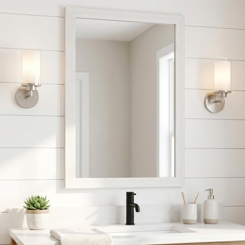 Distressed White 24x36 Inch Wood-Grain Rectangular Wall Mirror