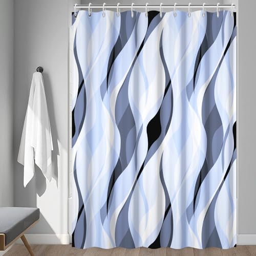 Sky Blue Striped Shower Curtain Extra Wide 108x72 inch 18 Hooks