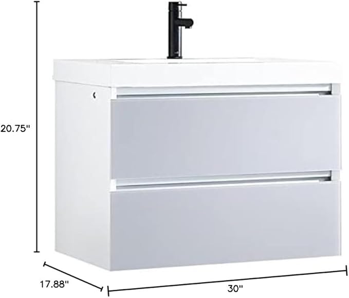 Blossom 30 inch LED Lighted Bathroom Vanity with Acrylic Sink | Wall Mounted Vanity with Dimmable LED Lights | Modern Floating Design for Small Bathrooms | 30" w/Acrylic Sink, Light Grey
