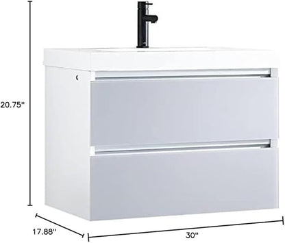 Blossom 30 inch LED Lighted Bathroom Vanity with Acrylic Sink | Wall Mounted Vanity with Dimmable LED Lights | Modern Floating Design for Small Bathrooms | 30" w/Acrylic Sink, Light Grey