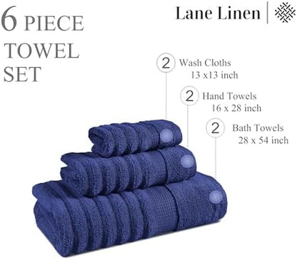 LANE LINEN Bath Towel Set 100% Cotton 6 Piece Soft Absorbent - Navy