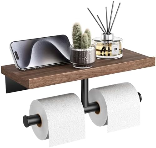 Tindbea Double Toilet Paper Holder with Wood Shelf, Wooden Wall Mount Toilet Paper Roll Holder, Matte Black Stainless Steel Bathroom Toilet Tissue Holder (Walnut)