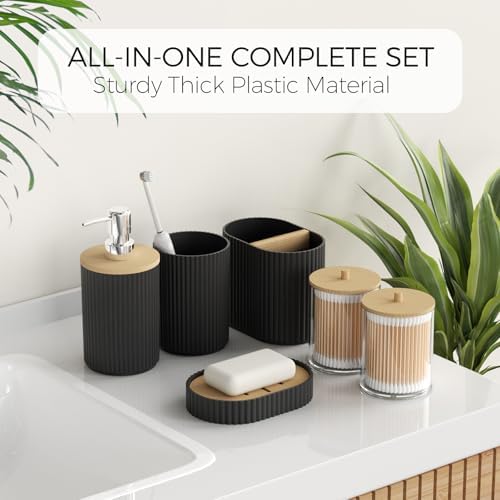 Black Bathroom Accessories Set, 8 Pieces Bathroom Decor Set, Trash Can, Toilet Brush with Holder, Soap Dispenser, Toothbrush and Toothpaste Holder, Tumbler Cup, Soap Dish, Qtip Holders