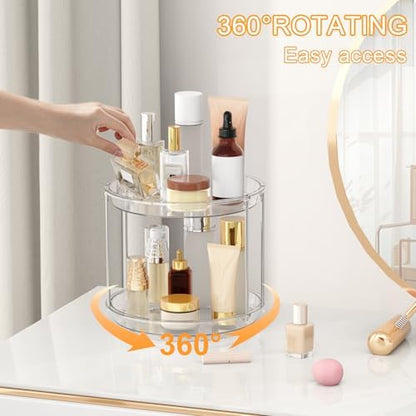 360 Rotating Makeup Organizer, 2 Tier Skincare & Perfume Holder for Bathroom Counter, Clear Spinning Vanity Tray, Lazy Susan Turntable Organizer for Dresser, Kitchen Cabinet