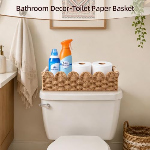 Bathroom Decor Farmhouse: Back of Toilet Basket - Bathroom Organizers and Storage for Bedroom Cottage Core Decor - Bathroom Accessories - Neutral Storage Wicker Basket for Home Decors Living Room