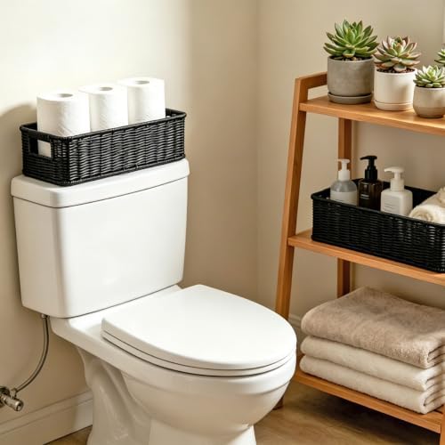 2pcs Toilet Paper Basket Black Handwoven Wicker Shelf Storage Basket