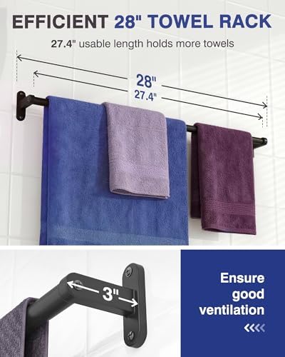 Powools Matte Black 28" Towel Rack, Rustproof Wall Mounted Towel Bar