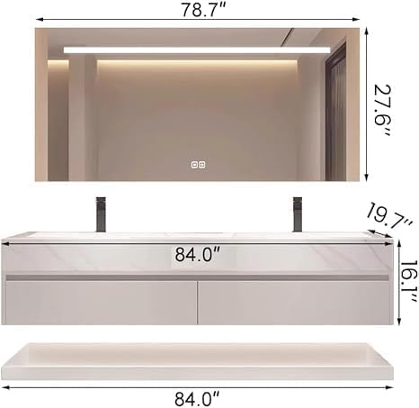 Bathroom Vanity with Sink, Single Sink Bathroom Vanity with Smart LED Defog Mirror, Display Time, Ceramic Sink, Soft Closing, Fully Pre-Assembled (White, 84in Mirror Double Sink)