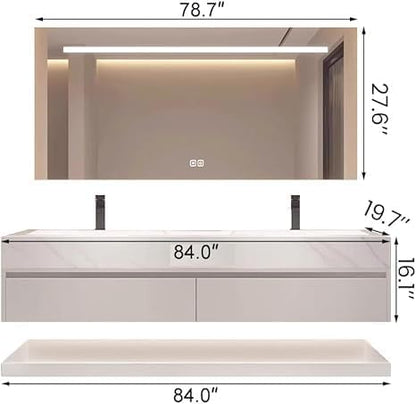 Bathroom Vanity with Sink, Single Sink Bathroom Vanity with Smart LED Defog Mirror, Display Time, Ceramic Sink, Soft Closing, Fully Pre-Assembled (White, 84in Mirror Double Sink)