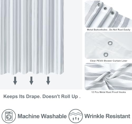 ORTIGIA 3 in 1 Waterproof Shower Curtain PEVA Liner Set 72x72 Inch,Grey