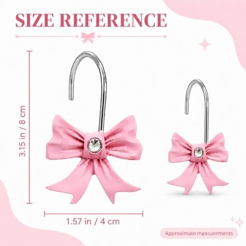 Decorative Shower Curtain Hooks Bow Tie Rust Resistant Hooks Glide Shower Ring Hangs Holder Bling for Bathroom, Pack of 12