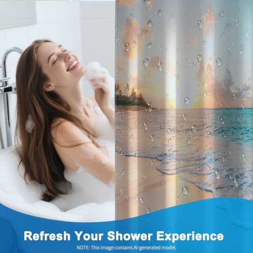 Ocean Theme Waterproof Beach Shower Curtain with Weighted Hem and 12 Hooks