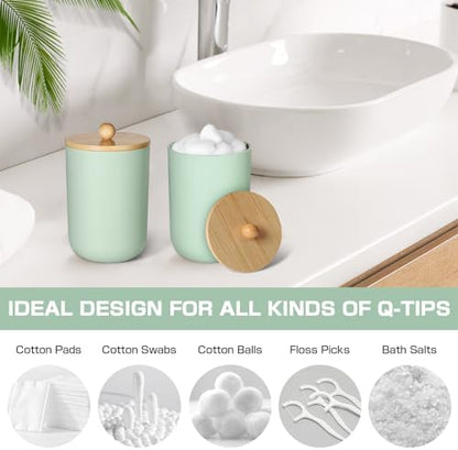 Green Bathroom Accessories Set 5 Pcs, Plastic Sage Green Bathroom Decor, Lotion Soap Dispenser and Toothbrush Holder Set, Qtip & Cotton Ball Holder, Green Bathroom Set, Boho Bathroom Decor