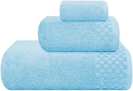 MyOwn Ultra Soft 3 Pack Cotton Towel Set, Contains a Bath Towels 28x55 inch, a Hand Towels 16x24 inch & a Wash Coths 12x12 inch, Ideal Everyday use, Compact & Lightweight - Sky Blue
