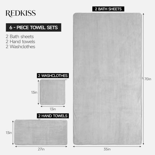 REDKISS Gray Bath Towels Set 6 Piece - Microfiber Bathroom Towels of 6 Large, Highly Absorbent Bath Towel, Soft Shower Towel for Bathroom, Hotel 2 Bath Sheet 2 Hand Towel 2 Washcloths