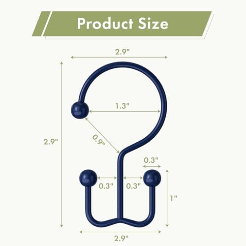 Amazer Navy Blue Shower Curtain Hooks, 12PCS Minimalist Simple Double Shower Curtain Rings, Rust-Resistant Metal Shower Hooks Shower Curtain Hangers, Shower Rings for Bathroom Shower Rods Curtains