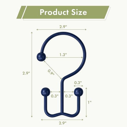 Amazer Navy Blue Shower Curtain Hooks, 12PCS Minimalist Simple Double Shower Curtain Rings, Rust-Resistant Metal Shower Hooks Shower Curtain Hangers, Shower Rings for Bathroom Shower Rods Curtains