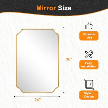 Delma Bathroom Vanity Mirror, Gold Framed Aluminum Bathroom Mirror for Over Sink, Scalloped Round Corner Wall Mirror, High-Definition Vanity Mirror, Hangs Horizontally or Vertically (36x24,Gold)