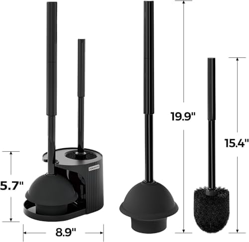 FORASTO 2Pack 2 in 1 Toilet Brush and Plunger Set, Extended Handle Plunger,Toilet Bowl Brush Plunger Set,Bathroom Cleaning Tools,Toilet Brush Plunger Combo,Cleaning Supplies，Black