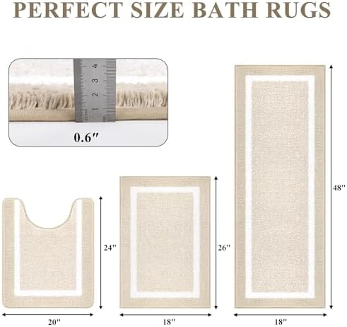 Pauwer Bathroom Rugs 3 Piece Set, Non Slip Washable Bath Mat, Light Beige