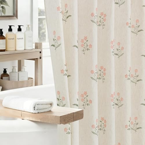 ORTIGIA Linen Shower Curtain 72 W x 84 L Farmhouse Vintage Pink Green Floral Shower Curtains Boho Rustic Block Print Cottagecore Decor for Bathroom