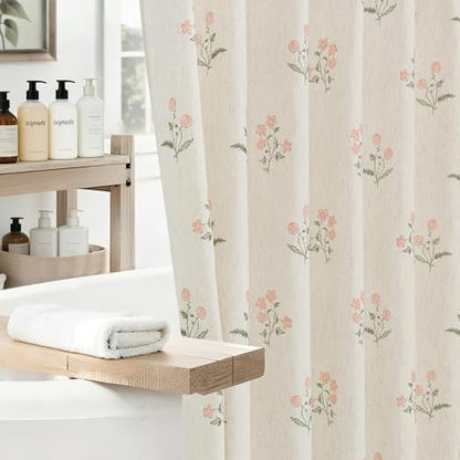 ORTIGIA Linen Shower Curtain 72 W x 84 L Farmhouse Vintage Pink Green Floral Shower Curtains Boho Rustic Block Print Cottagecore Decor for Bathroom