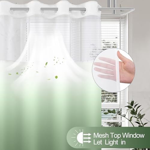 No Hook Shower Curtain and Liner Set for Bathroom, Ombre Green, 71" x 74"