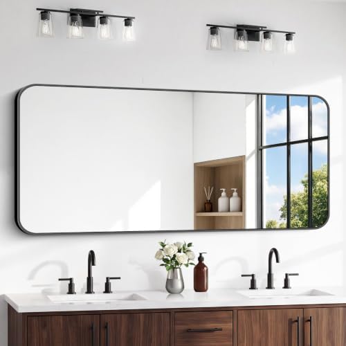 BONEWEI 66x30 inch Large Bathroom Mirror,Black Rectangle Mirror,Wall Mounted Bathroom Frame Vanity Mirror with Round Corner for Bedroom Living Room, Entryway Hangs Horizontal or Vertical