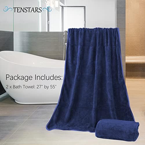 TENSTARS Silk Hemming Bath Towels for Bathroom Clearance - 27 x 55 inches - Light Thin Quick Drying - Soft Microfiber Absorbent Towel for Bath Fitness, Sports, Yoga, Travel, Gym - 2 Pack, Navy Blue