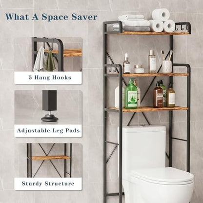 Over The Toilet Storage Cabinet, Freestanding Bathroom Shelf with Hooks