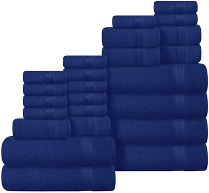 Belizzi Home 100% Cotton Towel Set, Contains 6 Soft Bath Towel, 6 Hand Towels, 12 Wash Cloths - Compact Absorbent Lightweight & Quickdry Towels for Bathroom - 24 Piece Bathroom Towel Set - Navy Blue