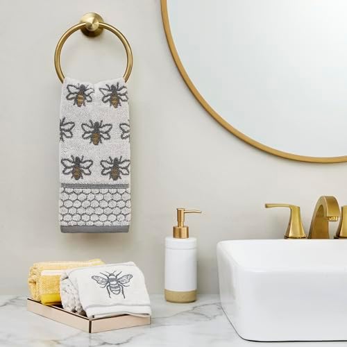 SKL Home Honey Bee Hand Towel Set-2pc, 100% Cotton Jacquard, White/Gray