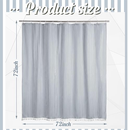 HunnmingRe Dusty Blue Farmhouse Striped Shower Curtain Tasseled 72x72 Inch