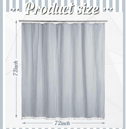 HunnmingRe Dusty Blue Farmhouse Striped Shower Curtain Tasseled 72x72 Inch