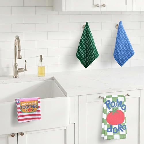 Ritz 4-Piece Kitchen Towel Set, Sardines & Pomodoro Tomato Prints with Pine Green & Blue Textured Terry, 100% Cotton & Absorbent Blend, 16" x 26", Vintage Italian Inspired Foodie Kitchen Decor