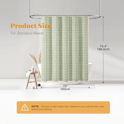 BTTN Sage Green Boho Farmhouse Linen Heavy Duty Shower Curtain Set, 72x72