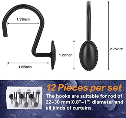 Black Shower Curtain Hooks,12Pcs Heavy Duty Rustproof Zinc