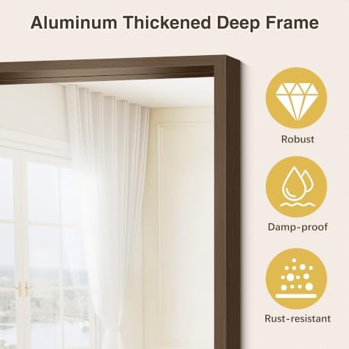 Bathroom Mirror, 18 x 24 inch Walnut Wood Grain Colored Aluminum Metal Frame Bathroom Vanity Mirror, Rectangle Wall Mirror for Bedroom Living Room, Tempered Glass, Horizontal or Vertical