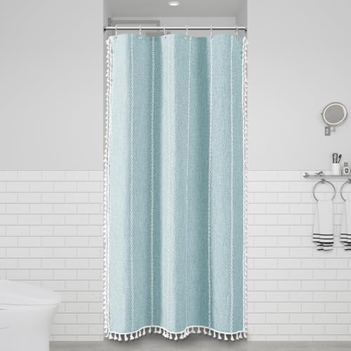BTTN Small Boho Linen Heavy Duty Cloth Shower Curtain Set, 36x72, Fog Blue