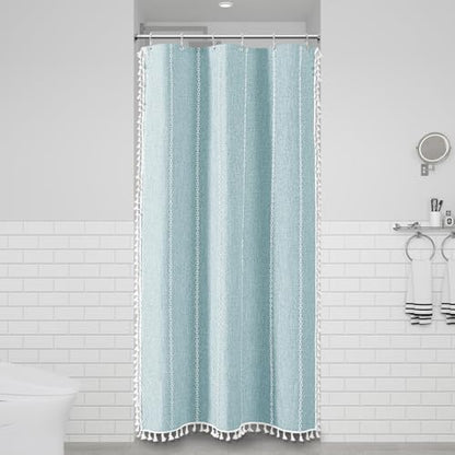 BTTN Small Boho Linen Heavy Duty Cloth Shower Curtain Set, 36x72, Fog Blue