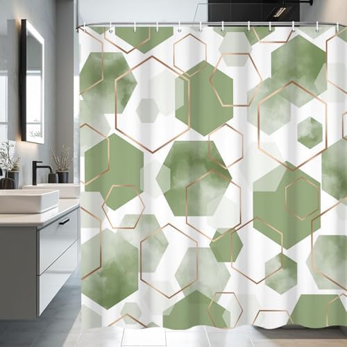 deFouliao Sage Green Modern Shower Curtain Geometric Grid Art Abstract Waterproof Bathroom Curtain for Bathtub Home Hotel Decor, Washable with Hooks, 72x84 Inch