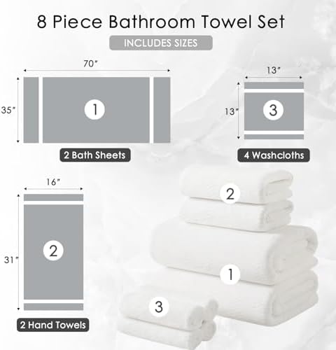 8 Piece Bath Towel Set White|2 Oversized Large Bath Sheet,2 Hand Towels,4 Washcloths| Ultra Soft Cozy Bath Towel Set for Bathroom Hotel Gym Spa,Highly Absorbent & Quick Dry Bathroom Towel Collections