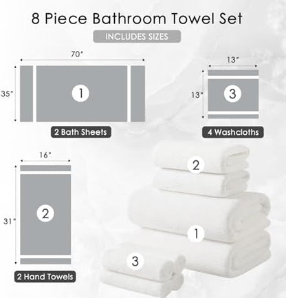 8 Piece Bath Towel Set White|2 Oversized Large Bath Sheet,2 Hand Towels,4 Washcloths| Ultra Soft Cozy Bath Towel Set for Bathroom Hotel Gym Spa,Highly Absorbent & Quick Dry Bathroom Towel Collections