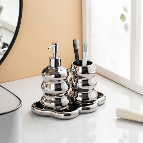 Silver Bathroom Accessory Set, 3-Piece Ceramic Bath Accessories Set with Tray, Lotion Dispenser, and Tumbler