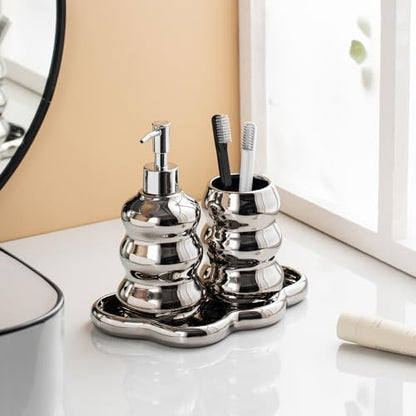 Silver Bathroom Accessory Set, 3-Piece Ceramic Bath Accessories Set with Tray, Lotion Dispenser, and Tumbler