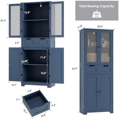 HORSTORS 67" H Bathroom Storage Cabinet, Blue Linen Cabinet with Drawers